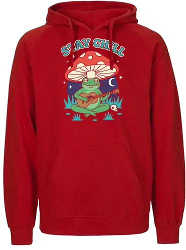 Stay Chill Frog Troubadour - Stay Chill, chill frog, frog playing ukulele, cottagecore, whimsical, retro art, mushroom frog, Amanita Muscaria, nature art, t-shirt design, art print, groovy, cool frog, animal musician, quirky humor - Fairtrade Hoodie