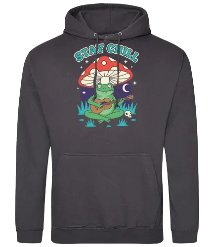 Stay Chill Frog Troubadour - Stay Chill, chill frog, frog playing ukulele, cottagecore, whimsical, retro art, mushroom frog, Amanita Muscaria, nature art, t-shirt design, art print, groovy, cool frog, animal musician, quirky humor - Standard Hoodie