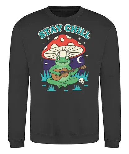 Stay Chill Frog Troubadour - Stay Chill, chill frog, frog playing ukulele, cottagecore, whimsical, retro art, mushroom frog, Amanita Muscaria, nature art, t-shirt design, art print, groovy, cool frog, animal musician, quirky humor - Sweatshirt