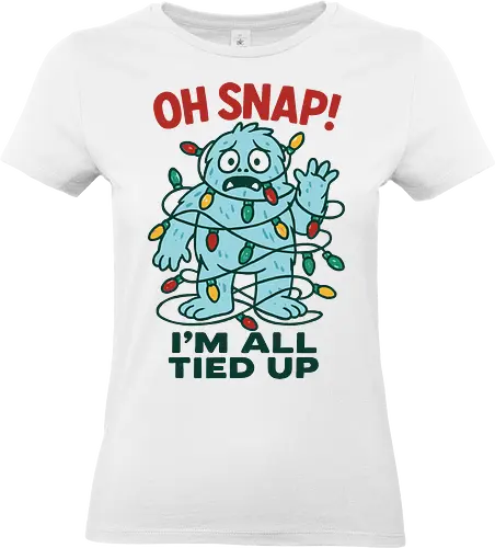  Christmas Yeti: All Tied Up - Yeti, tangled lights, Oh Snap, I'm all tied up, funny Christmas, cute monster, holiday humor, Christmas lights, tangled, whimsical, t-shirt design, art print, festive humor, cute yeti, relatable. - Standard T-Shirt (Frauen)