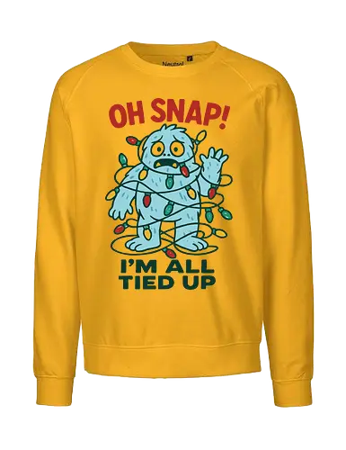  Christmas Yeti: All Tied Up - Yeti, tangled lights, Oh Snap, I'm all tied up, funny Christmas, cute monster, holiday humor, Christmas lights, tangled, whimsical, t-shirt design, art print, festive humor, cute yeti, relatable. - Fairtrade Sweatshirt