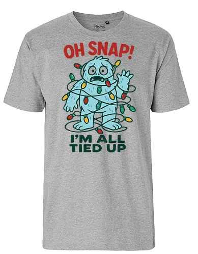  Christmas Yeti: All Tied Up - Yeti, tangled lights, Oh Snap, I'm all tied up, funny Christmas, cute monster, holiday humor, Christmas lights, tangled, whimsical, t-shirt design, art print, festive humor, cute yeti, relatable. - Fairtrade T-Shirt