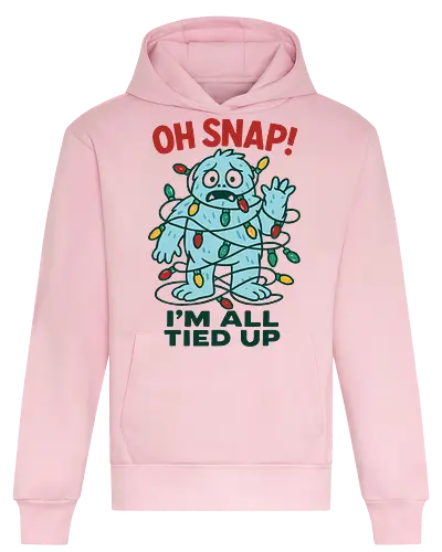  Christmas Yeti: All Tied Up - Yeti, tangled lights, Oh Snap, I'm all tied up, funny Christmas, cute monster, holiday humor, Christmas lights, tangled, whimsical, t-shirt design, art print, festive humor, cute yeti, relatable. - Heavyweight Hoodie