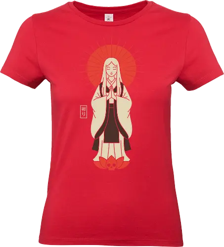 Zen Goddess of Mercy - Zen goddess, Bodhisattva, Kannon, Guanyin, Japanese art, minimalist, spiritual art, red sun, lotus, skull, macabre, aesthetic graphic, t-shirt design, art print, Asian mythology, meditating figure - Standard T-Shirt (Frauen)