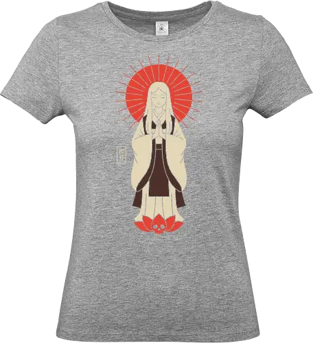 Zen Goddess of Mercy - Zen goddess, Bodhisattva, Kannon, Guanyin, Japanese art, minimalist, spiritual art, red sun, lotus, skull, macabre, aesthetic graphic, t-shirt design, art print, Asian mythology, meditating figure - Standard T-Shirt (Frauen)