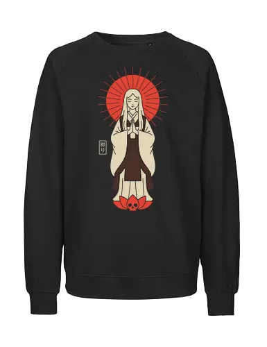 Zen Goddess of Mercy - Zen goddess, Bodhisattva, Kannon, Guanyin, Japanese art, minimalist, spiritual art, red sun, lotus, skull, macabre, aesthetic graphic, t-shirt design, art print, Asian mythology, meditating figure - Fairtrade Sweatshirt