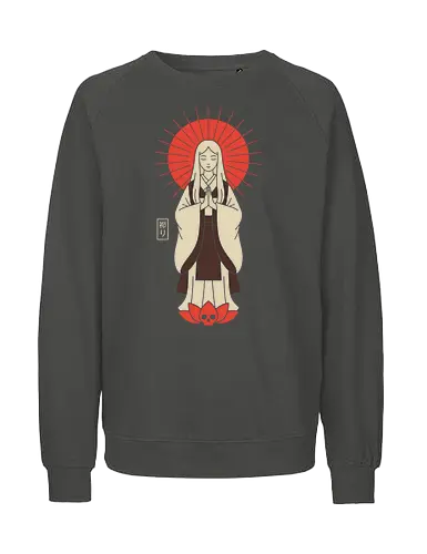 Zen Goddess of Mercy - Zen goddess, Bodhisattva, Kannon, Guanyin, Japanese art, minimalist, spiritual art, red sun, lotus, skull, macabre, aesthetic graphic, t-shirt design, art print, Asian mythology, meditating figure - Fairtrade Sweatshirt