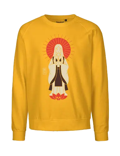 Zen Goddess of Mercy - Zen goddess, Bodhisattva, Kannon, Guanyin, Japanese art, minimalist, spiritual art, red sun, lotus, skull, macabre, aesthetic graphic, t-shirt design, art print, Asian mythology, meditating figure - Fairtrade Sweatshirt