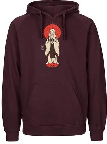 Zen Goddess of Mercy - Zen goddess, Bodhisattva, Kannon, Guanyin, Japanese art, minimalist, spiritual art, red sun, lotus, skull, macabre, aesthetic graphic, t-shirt design, art print, Asian mythology, meditating figure - Fairtrade Hoodie
