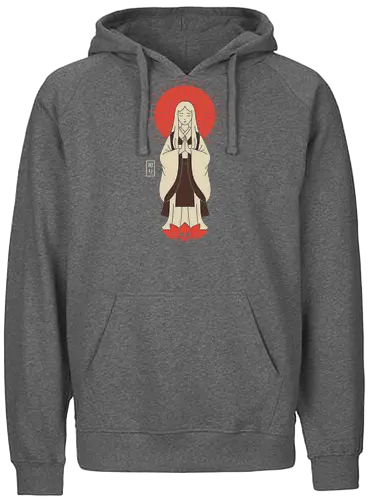 Zen Goddess of Mercy - Zen goddess, Bodhisattva, Kannon, Guanyin, Japanese art, minimalist, spiritual art, red sun, lotus, skull, macabre, aesthetic graphic, t-shirt design, art print, Asian mythology, meditating figure - Fairtrade Hoodie