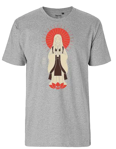 Zen Goddess of Mercy - Zen goddess, Bodhisattva, Kannon, Guanyin, Japanese art, minimalist, spiritual art, red sun, lotus, skull, macabre, aesthetic graphic, t-shirt design, art print, Asian mythology, meditating figure - Fairtrade T-Shirt