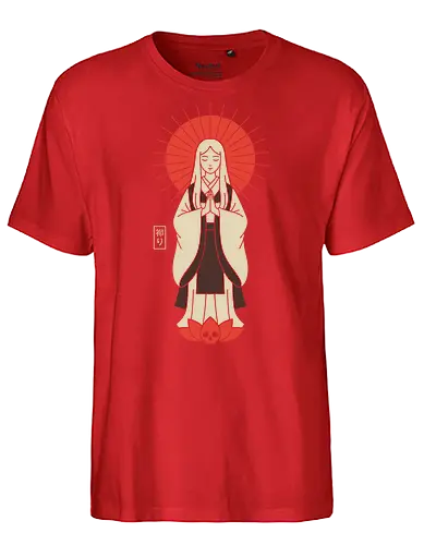 Zen Goddess of Mercy - Zen goddess, Bodhisattva, Kannon, Guanyin, Japanese art, minimalist, spiritual art, red sun, lotus, skull, macabre, aesthetic graphic, t-shirt design, art print, Asian mythology, meditating figure - Fairtrade T-Shirt