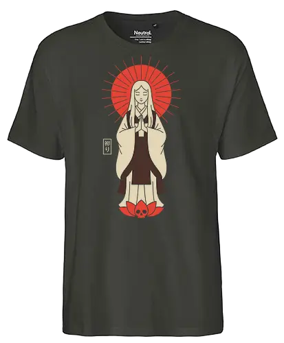 Zen Goddess of Mercy - Zen goddess, Bodhisattva, Kannon, Guanyin, Japanese art, minimalist, spiritual art, red sun, lotus, skull, macabre, aesthetic graphic, t-shirt design, art print, Asian mythology, meditating figure - Fairtrade T-Shirt