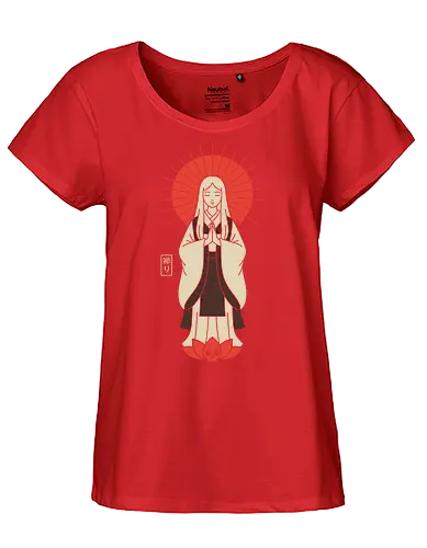 Zen Goddess of Mercy - Zen goddess, Bodhisattva, Kannon, Guanyin, Japanese art, minimalist, spiritual art, red sun, lotus, skull, macabre, aesthetic graphic, t-shirt design, art print, Asian mythology, meditating figure - Fairtrade Girl Shirt
