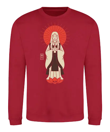 Zen Goddess of Mercy - Zen goddess, Bodhisattva, Kannon, Guanyin, Japanese art, minimalist, spiritual art, red sun, lotus, skull, macabre, aesthetic graphic, t-shirt design, art print, Asian mythology, meditating figure - Sweatshirt