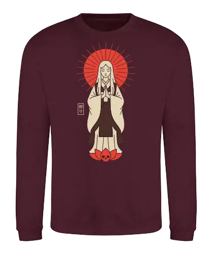 Zen Goddess of Mercy - Zen goddess, Bodhisattva, Kannon, Guanyin, Japanese art, minimalist, spiritual art, red sun, lotus, skull, macabre, aesthetic graphic, t-shirt design, art print, Asian mythology, meditating figure - Sweatshirt
