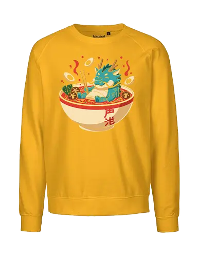 Cozy Dragon Ramen Bath - Ramen dragon, cute dragon, dragon in ramen, funny food, Asian dragon, whimsical, kawaii, food art, Japanese food, t-shirt design, art print, minimalist, quirky humor, foodie gift, anime fan gift - Fairtrade Sweatshirt