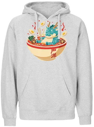 Cozy Dragon Ramen Bath - Ramen dragon, cute dragon, dragon in ramen, funny food, Asian dragon, whimsical, kawaii, food art, Japanese food, t-shirt design, art print, minimalist, quirky humor, foodie gift, anime fan gift - Fairtrade Hoodie