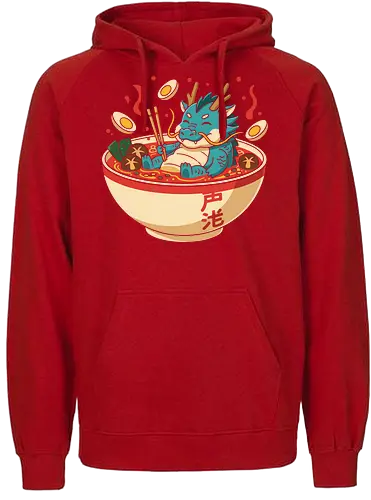 Cozy Dragon Ramen Bath - Ramen dragon, cute dragon, dragon in ramen, funny food, Asian dragon, whimsical, kawaii, food art, Japanese food, t-shirt design, art print, minimalist, quirky humor, foodie gift, anime fan gift - Fairtrade Hoodie
