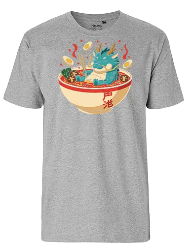 Cozy Dragon Ramen Bath - Ramen dragon, cute dragon, dragon in ramen, funny food, Asian dragon, whimsical, kawaii, food art, Japanese food, t-shirt design, art print, minimalist, quirky humor, foodie gift, anime fan gift - Fairtrade T-Shirt