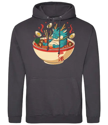 Cozy Dragon Ramen Bath - Ramen dragon, cute dragon, dragon in ramen, funny food, Asian dragon, whimsical, kawaii, food art, Japanese food, t-shirt design, art print, minimalist, quirky humor, foodie gift, anime fan gift - Standard Hoodie