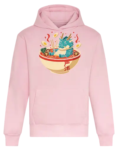 Cozy Dragon Ramen Bath - Ramen dragon, cute dragon, dragon in ramen, funny food, Asian dragon, whimsical, kawaii, food art, Japanese food, t-shirt design, art print, minimalist, quirky humor, foodie gift, anime fan gift - Heavyweight Hoodie