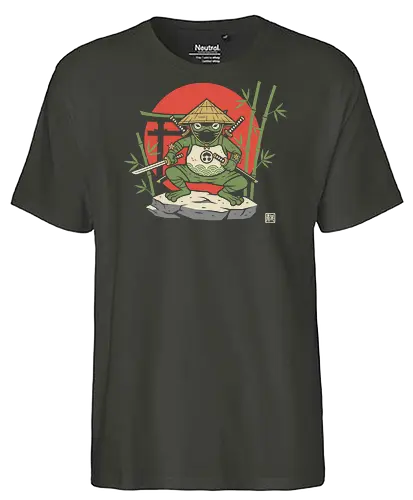  Ronin Frog Warrior - Ninja frog, samurai frog, ronin, frog warrior, Japanese art, torii gate, Hinomaru, katana, fantasy art, t-shirt design, art print, cool frog, gecko, unique graphic, traditional Japan, shinobi - Fairtrade T-Shirt