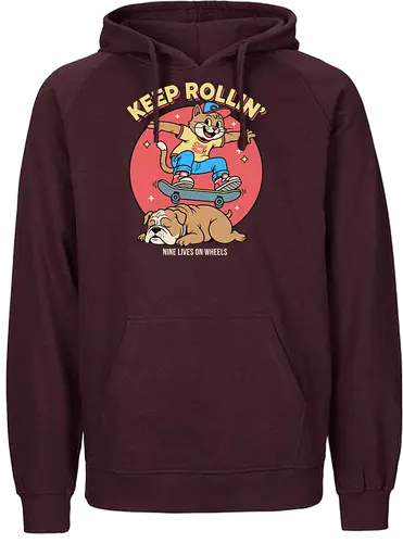 Keep Rollin': Nine Lives on Wheels - Skateboard cat, Keep Rollin', funny cat, retro skateboarding, bulldog, nine lives, cartoon graphic, skate culture, nostalgic, t-shirt design, art print, cool cat, skater gift, animal humor, 90s aesthetic - Fairtrade Hoodie