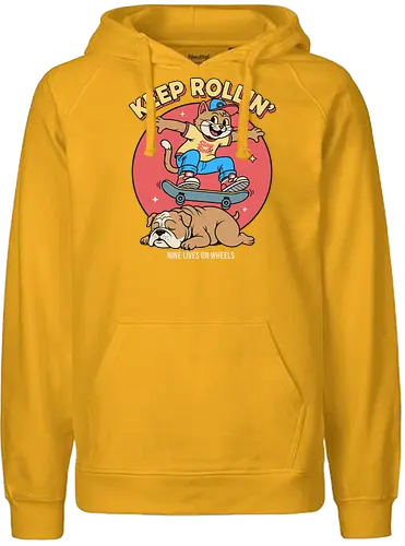 Keep Rollin': Nine Lives on Wheels - Skateboard cat, Keep Rollin', funny cat, retro skateboarding, bulldog, nine lives, cartoon graphic, skate culture, nostalgic, t-shirt design, art print, cool cat, skater gift, animal humor, 90s aesthetic - Fairtrade Hoodie
