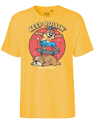 Keep Rollin': Nine Lives on Wheels - Skateboard cat, Keep Rollin', funny cat, retro skateboarding, bulldog, nine lives, cartoon graphic, skate culture, nostalgic, t-shirt design, art print, cool cat, skater gift, animal humor, 90s aesthetic - Fairtrade T-Shirt