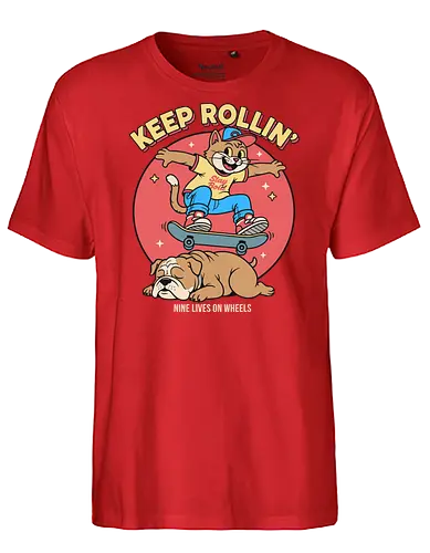 Keep Rollin': Nine Lives on Wheels - Skateboard cat, Keep Rollin', funny cat, retro skateboarding, bulldog, nine lives, cartoon graphic, skate culture, nostalgic, t-shirt design, art print, cool cat, skater gift, animal humor, 90s aesthetic - Fairtrade T-Shirt