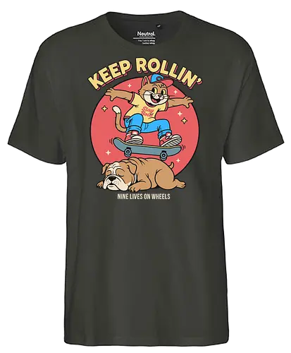Keep Rollin': Nine Lives on Wheels - Skateboard cat, Keep Rollin', funny cat, retro skateboarding, bulldog, nine lives, cartoon graphic, skate culture, nostalgic, t-shirt design, art print, cool cat, skater gift, animal humor, 90s aesthetic - Fairtrade T-Shirt