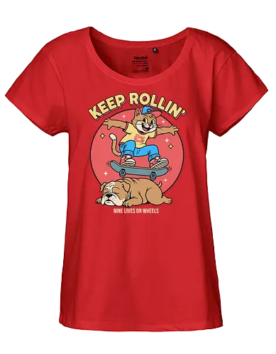 Keep Rollin': Nine Lives on Wheels - Skateboard cat, Keep Rollin', funny cat, retro skateboarding, bulldog, nine lives, cartoon graphic, skate culture, nostalgic, t-shirt design, art print, cool cat, skater gift, animal humor, 90s aesthetic - Fairtrade Girl Shirt