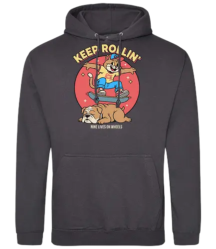 Keep Rollin': Nine Lives on Wheels - Skateboard cat, Keep Rollin', funny cat, retro skateboarding, bulldog, nine lives, cartoon graphic, skate culture, nostalgic, t-shirt design, art print, cool cat, skater gift, animal humor, 90s aesthetic - Standard Hoodie