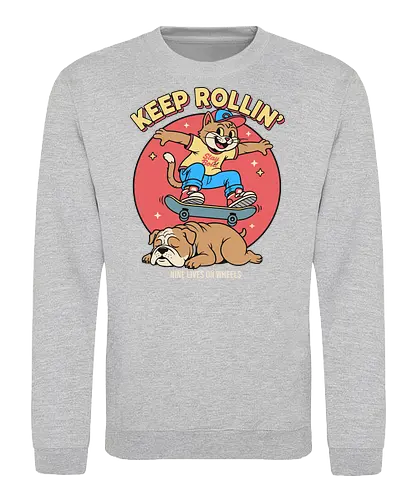 Keep Rollin': Nine Lives on Wheels - Skateboard cat, Keep Rollin', funny cat, retro skateboarding, bulldog, nine lives, cartoon graphic, skate culture, nostalgic, t-shirt design, art print, cool cat, skater gift, animal humor, 90s aesthetic - Sweatshirt
