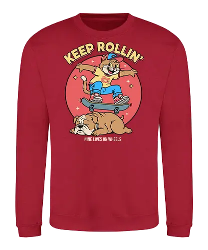 Keep Rollin': Nine Lives on Wheels - Skateboard cat, Keep Rollin', funny cat, retro skateboarding, bulldog, nine lives, cartoon graphic, skate culture, nostalgic, t-shirt design, art print, cool cat, skater gift, animal humor, 90s aesthetic - Sweatshirt