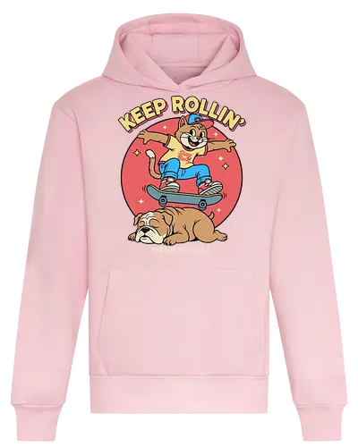 Keep Rollin': Nine Lives on Wheels - Skateboard cat, Keep Rollin', funny cat, retro skateboarding, bulldog, nine lives, cartoon graphic, skate culture, nostalgic, t-shirt design, art print, cool cat, skater gift, animal humor, 90s aesthetic - Heavyweight Hoodie