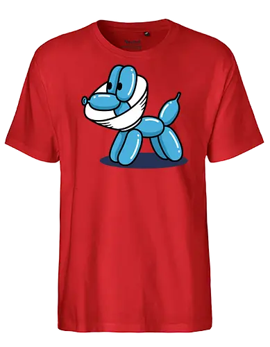 Safety Balloon Dog - Balloon dog, face mask, funny dog, pandemic art, safety humor, minimalist, balloon animal, quirky art, pop culture, t-shirt design, art print, cool graphic, modern humor, blue dog - Fairtrade T-Shirt