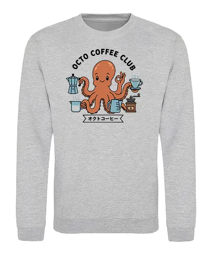 Octo Coffee Club - Octo Coffee Club, funny octopus, coffee lover, octopus barista, unique coffee art, minimalist, cute animal, Moka pot, coffee grinder, t-shirt design, art print, quirky humor, foodie, sea creature - Sweatshirt