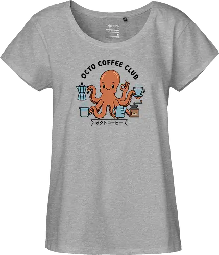  Octo Coffee Club - Octo Coffee Club, funny octopus, coffee lover, octopus barista, unique coffee art, minimalist, cute animal, Moka pot, coffee grinder, t-shirt design, art print, quirky humor, foodie, sea creature - Fairtrade Girl Shirt