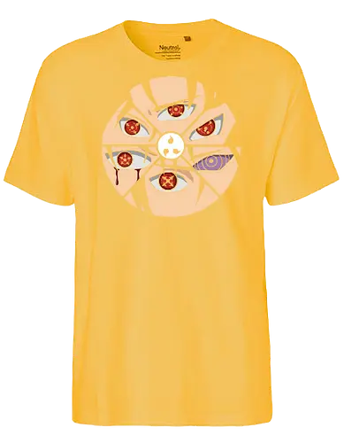 Shattered Dojutsu Legacy - Sharingan, Rinnegan, Mangekyō Sharingan, Uchiha Clan, Dojutsu, Shinobi, anime, manga, fan art, t-shirt design, art print, cool anime art, geek art, iconic eyes, minimalist, power, Sasuke, Itachi, Madara - Fairtrade T-Shirt