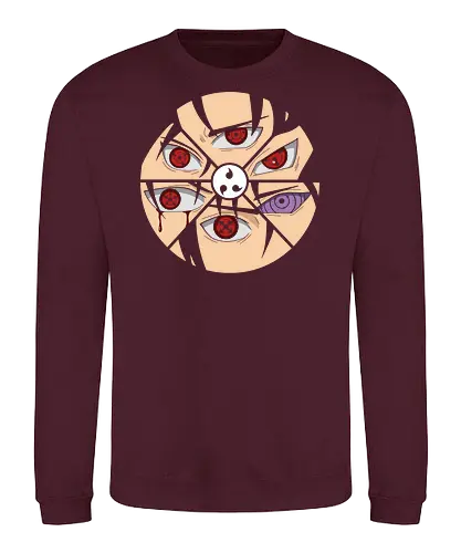 Shattered Dojutsu Legacy - Sharingan, Rinnegan, Mangekyō Sharingan, Uchiha Clan, Dojutsu, Shinobi, anime, manga, fan art, t-shirt design, art print, cool anime art, geek art, iconic eyes, minimalist, power, Sasuke, Itachi, Madara - Sweatshirt