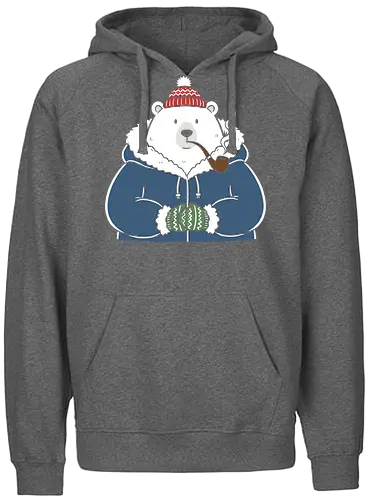 Polar Bear's Winter Smoke - Polar bear, winter bear, pipe smoker, cozy, cute animal, winter graphic, parka, mittens, charming, whimsical, t-shirt design, art print, minimalist winter, arctic, cool bear, holiday gift. - Fairtrade Hoodie
