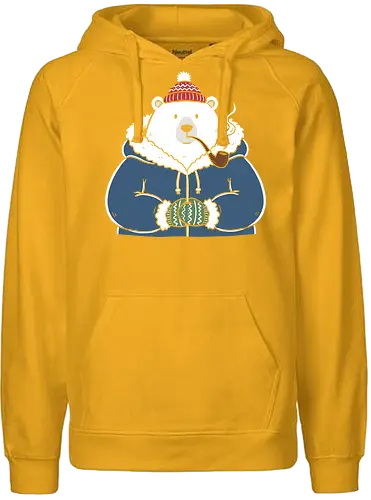 Polar Bear's Winter Smoke - Polar bear, winter bear, pipe smoker, cozy, cute animal, winter graphic, parka, mittens, charming, whimsical, t-shirt design, art print, minimalist winter, arctic, cool bear, holiday gift. - Fairtrade Hoodie