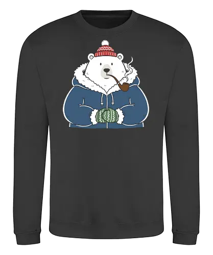 Polar Bear's Winter Smoke - Polar bear, winter bear, pipe smoker, cozy, cute animal, winter graphic, parka, mittens, charming, whimsical, t-shirt design, art print, minimalist winter, arctic, cool bear, holiday gift. - Sweatshirt
