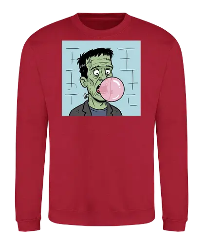  Chewing Gum Frankie - Frankenstein bubblegum, Frankenstein's monster, funny horror, spooky humor, classic monster, Halloween, bubble gum, quirky art, pop culture, t-shirt design, art print, monster cartoon, gothic humor, Universal monsters. - Sweatshirt