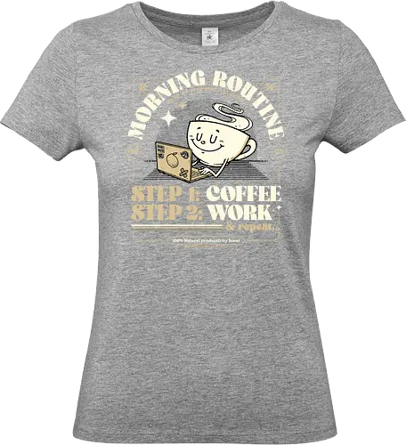 Morning Routine - coffee, caffeine, morning routine, funny t-shirt, retro design, cartoon style, coffee lover, work life, tired, productivity, sarcasm, humor, daily grind, laptop, designer life - Standard T-Shirt (Frauen)