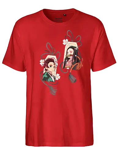 Kamado Siblings Omamori Charms - Tanjiro Kamado, Nezuko Kamado, Slayer, Kimetsu no Yaiba, Omamori, Japanese charm, anime, manga, fan art, t-shirt design, art print, cute anime, sibling bond, geek art, lucky charm, aesthetic - Fairtrade T-Shirt