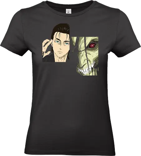 Eren Yeager: Man vs. Monster - Eren Yeager, Attack Titan, Attack, AOT, Shingeki no Kyojin, anime, manga, fan art, t-shirt design, art print, transformation, dual nature, cool anime art, geek art, iconic, minimalist. - Standard T-Shirt (Frauen)