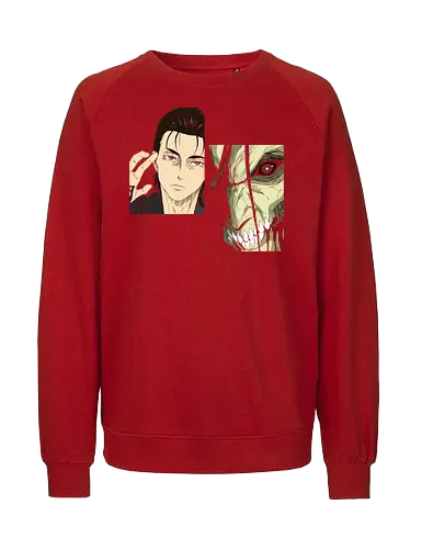 Eren Yeager: Man vs. Monster - Eren Yeager, Attack Titan, Attack, AOT, Shingeki no Kyojin, anime, manga, fan art, t-shirt design, art print, transformation, dual nature, cool anime art, geek art, iconic, minimalist. - Fairtrade Sweatshirt